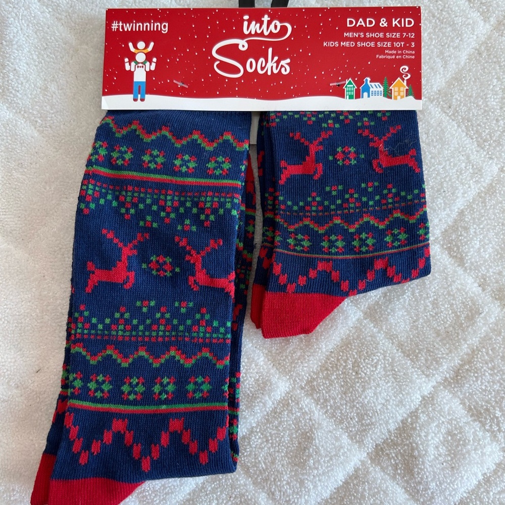Dad and Child Twinning Red and Blue Reindeer Socks NWT